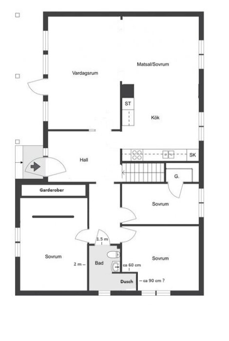 Ritning av en lägenhetsplan med vardagsrum, kök, badrum, sovrum och garderober markerade.