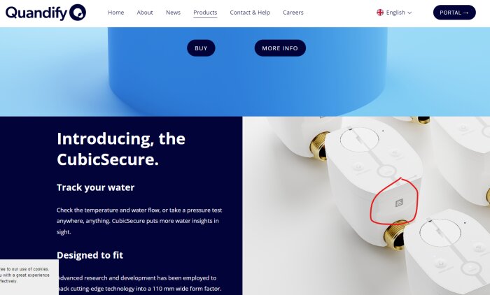 Vattenläckagedetektorer, CubicSecure, på hemsida med infotext och köpknappar.