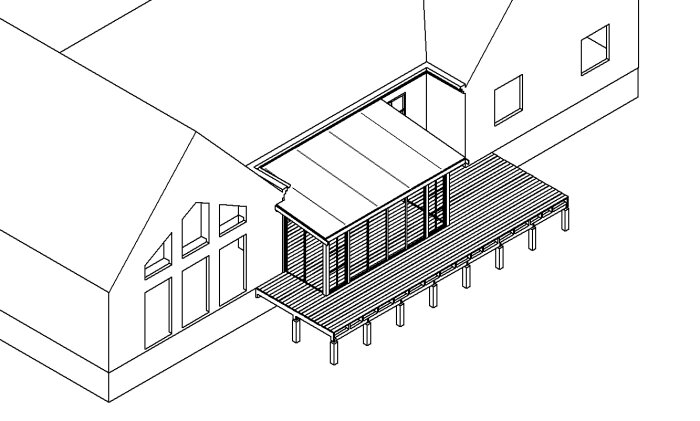 Svartvit ritning, enkelt hus, veranda, stödpelare, arkitektonisk skiss, odefinierad skala, inget landskap.