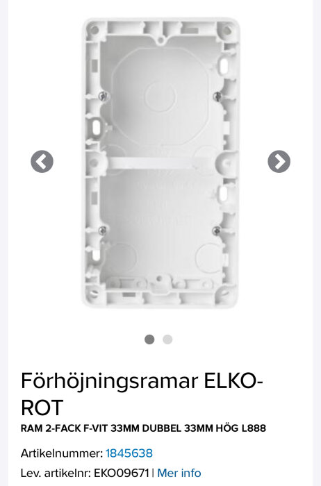 Vit dubbel förhöjningsram för ELKO eluttag, 33mm hög, installationsmaterial.