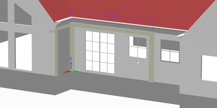 3D-modell av en byggnad, visar dimensioner, fönster, tak och koordinataxlar.