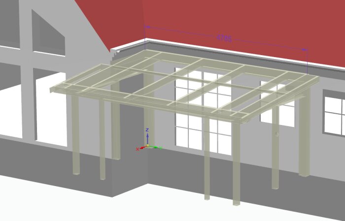 En CAD-modell av ett byggnadsställning med måttangivelser, stålstomme, utan bakgrundsdetaljer.