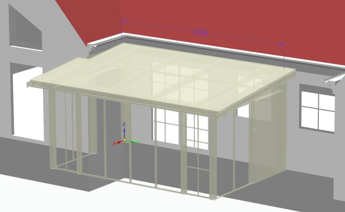 3D-modell av en uteplats med mått, genomskinligt tak, och datorgenererad bostadsfasad.