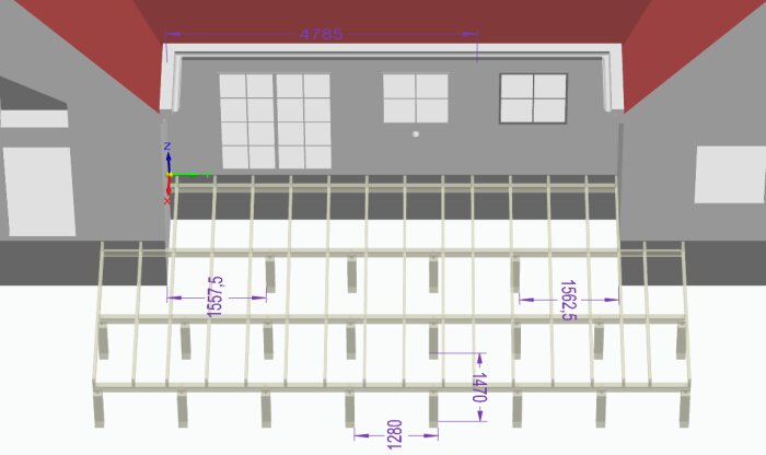 3D CAD-modell av byggnadsstruktur med mått och axelindikatorer.