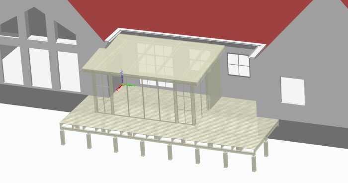 3D-modell av en byggnad med veranda, axlar för designorientering visas.