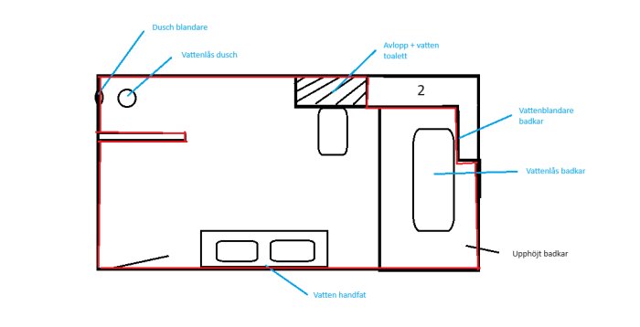 Ritad planlösning av badrum med markerade platser för dusch, toalett, badkar och handfat.
