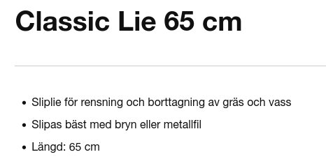 Produktinformation om en 65 cm lång Classic Lie-slipie för rensning av gräs och vass, vässas med bryn eller metallfil.