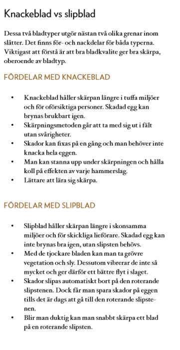 Textdokument som jämför fördelarna med knackblad och slipblad för slåtter, med detaljerad information om användning och skärpning.