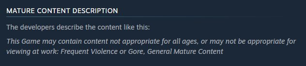Skärmbild av en mogen innehållsbeskrivning för ett spel med varningar om våld och grovt innehåll.