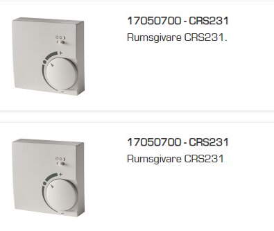 Två identiska termostater, modellnummer CRS231, grå, vridreglage, vit bakgrund.