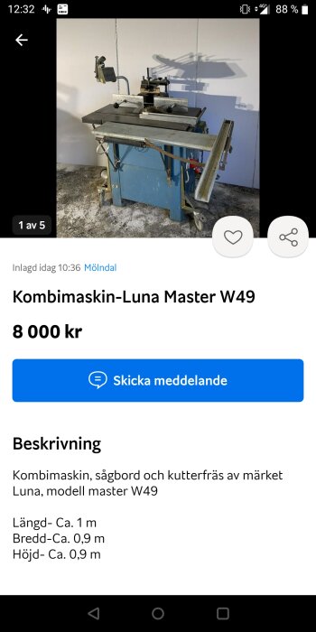 Kombimaskin Luna Master W49 för sågning och fräsning i arbetsmiljö.