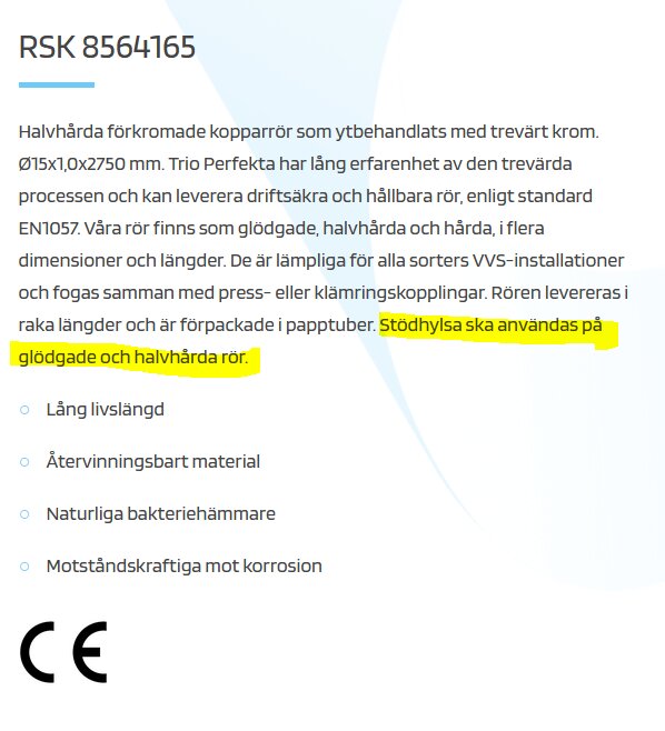 Svensk text om halvhårda förkromade kopparrör, tekniska egenskaper, rörlängder, installationstips. Märkning "CE".