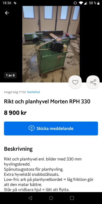 Grön rikt- och planhyvelmaskin Morten RPH 330 i en verkstadsmiljö.