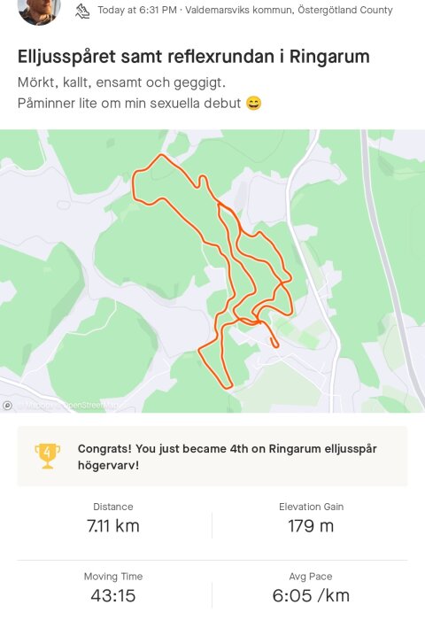 Skärmdump av löprunda på kartapp med rutt, distans på 7,11 km, tid och höjdförändring samt text.