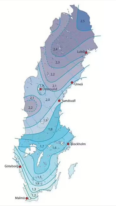 Karta över Sverige som visar någon form av mätvärden, med nummer och orter markerade, möjligen relaterat till klimat eller demografi.