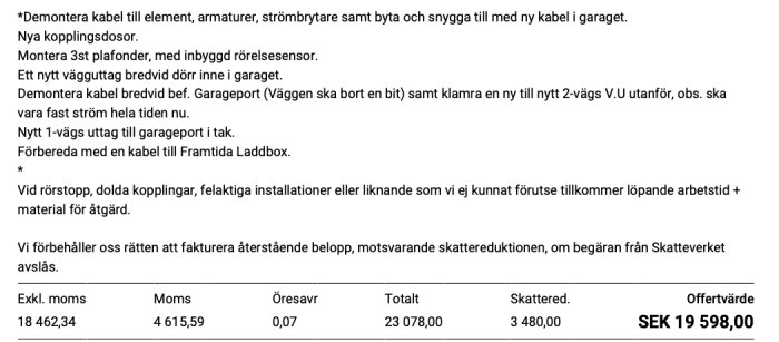 Offert för renovering av el i garage med artikelbeskrivningar och priser inklusive moms och skattereduktion.