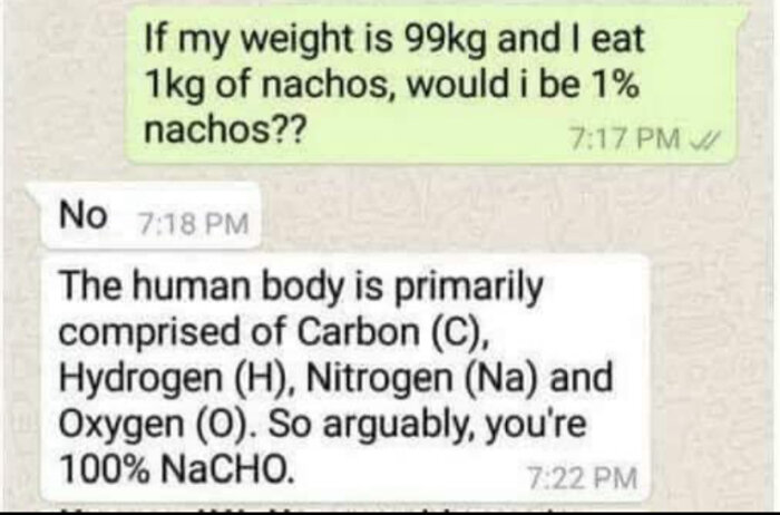 Skärmdump av en textkonversation med skämt om kroppssammansättning och nachos.