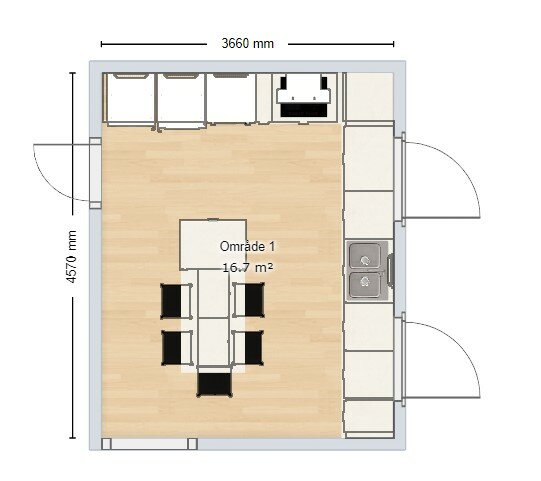 Ritning av kök 16,7 kvm med köksö, trafikflödesmarkering och måttangivelser.