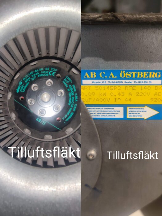 Dubbelbild av en tilluftsfläkt och dess typskylt. Ventilationsutrustning, etiketter, tekniska specifikationer.