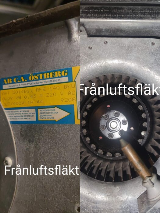 Frånluftsfläkt, teknisk etikett, komponenter, industriell utrustning, underhåll, mekaniska detaljer.