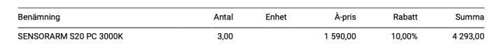 Justerad prisförteckning för SENSORARM S20 PC 3000K, 3 stycken med enhetspris och rabatt. Total summa 4 293,00.