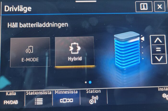 Bildskärm i bil med hybridlägesval "Håll batteriladdningen" aktivt och batteriindikator.