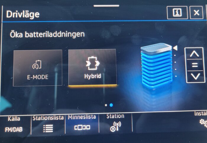 Bilens display visar drivlägesalternativ med "E-MODE" och "Hybrid" samt en batteriikon.