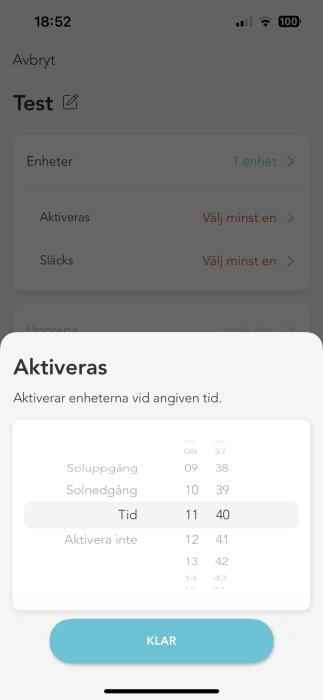 Skärmdump av användargränssnitt för schemaläggning i en app med alternativ för soluppgång, solnedgång och specifik tid.