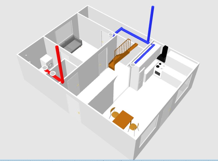 3D-modell av lägenhet med möbler, kök, vardagsrum, röda och blåa ledningar synliga.