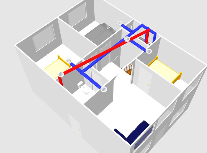 3D-modell av lägenhet med synliga vattenledningar och avloppsrör.