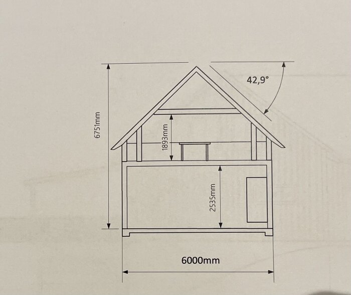 Ritning av en byggnadssektion med mått för takstolar och golvbjälklag, och en lutning på 42,9 grader.