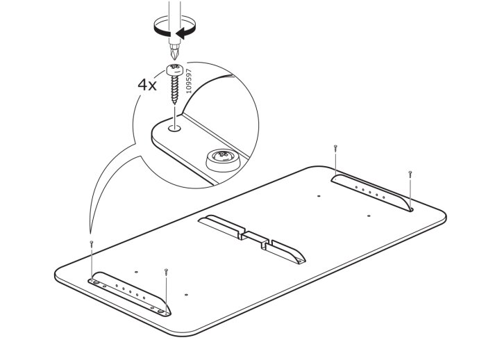 Illustration av monteringsinstruktioner för möbelunderrede med skruvar och verktyg.