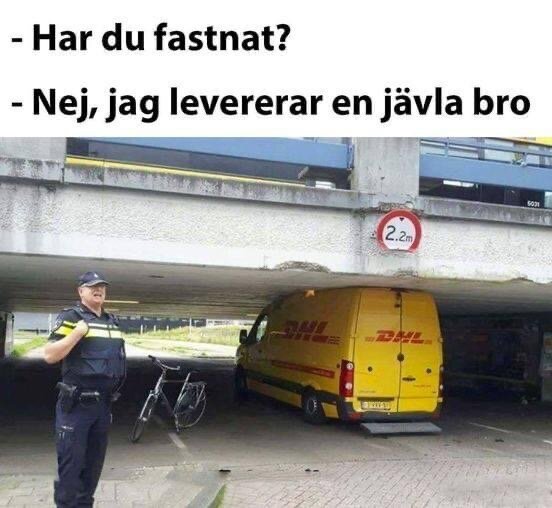 DHL-leveransbil fast under bro med höjdbegränsning, polis bredvid, textdialog föreslår humoristiskt samtal.