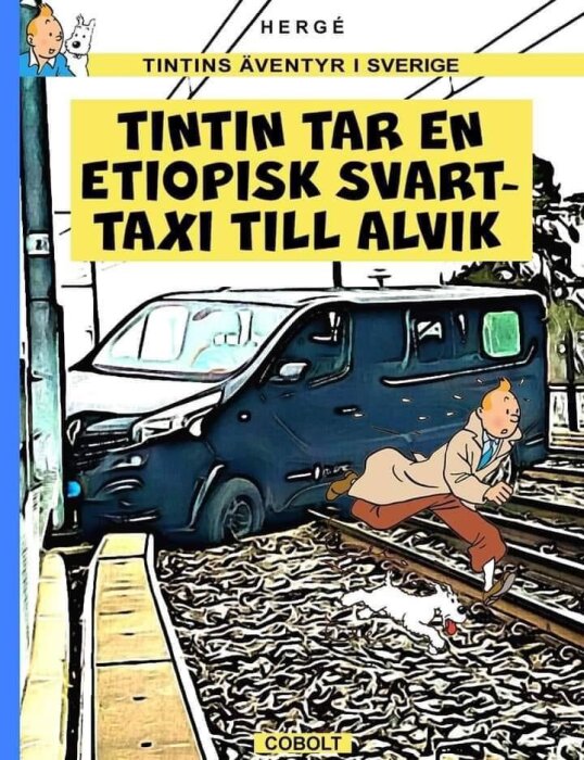 Illustration av Tintin och Milou som hoppar mellan tågräls med en övergiven svart bil i bakgrunden.