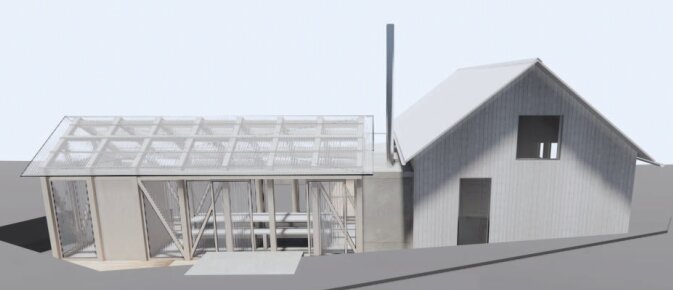 3D-modell av industrilokal med anslutande kontorsbyggnad, modern design, grå toner, enkel konstruktion, takfönster.