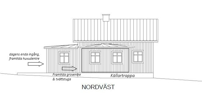 Skiss av hus från nordväst med planerad groventré och tvättstuga samt befintlig källartrappa.