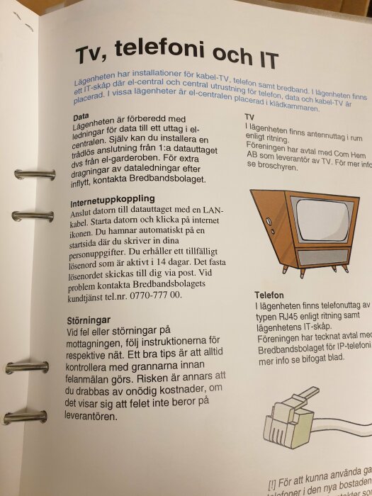 Sida ur en boendepärm med rubriken "Tv, telefoni och IT" som beskriver installationer för kabel-TV, telefon och bredband.
