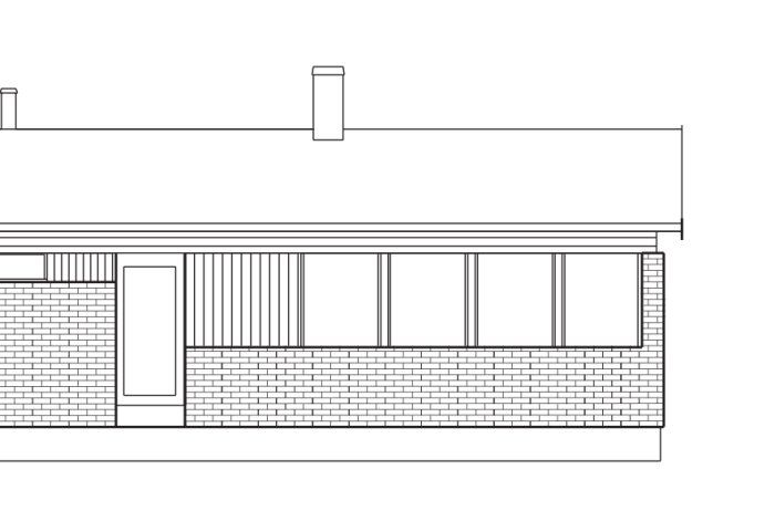 Linjeteckning av husfasad med tegel, fönster, dörr och skorstenar. Enkel, modern design.