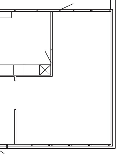 Arkitektonisk ritning, möjligtvis en planlösning, med måttangivelser, möblering och dörrplacering.