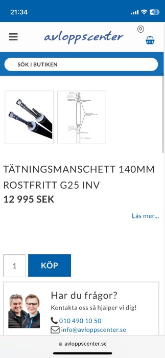 Skärmbild av en tätningsmanschett i rostfritt stål G25 med specifikationer och pris på en webbutik.