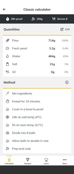 Skärmdump av pizza deg receptkalkylator med ingredienser och tillagningssteg.