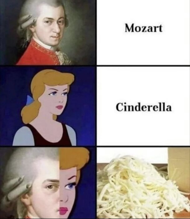 Meme som visar Mozart och Askungen överst, följt av ett sammansatt ansikte av dem och en bild på likformiga nudlar nedanför.