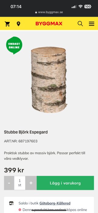 Espegard björkstubbe annonserad på Byggmax webbplats för vedklyvning.