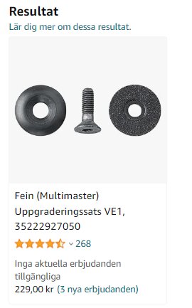 Adapter och skruv från Fein Multimaster uppgraderingssats VE1, med kundomdömen och pris, ingen aktuell rabatt.