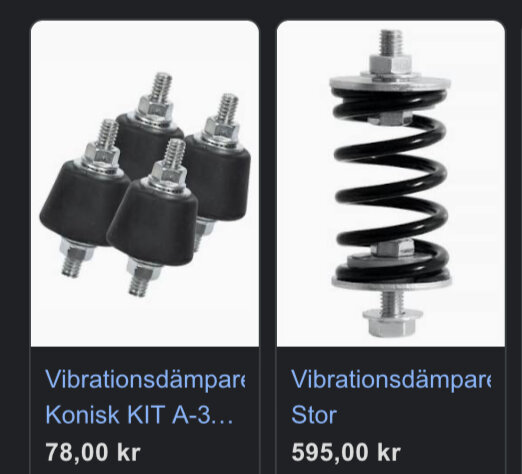 Två vibrationsdämpare, en konisk och en med fjäder, industriellt användning, svart, prissatt i svenska kronor.