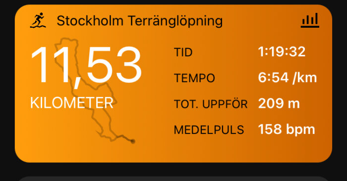 Träningsappskärm: 11,53 km terränglöpning i Stockholm, tid 1:19:32, tempo, höjdstigning, puls.