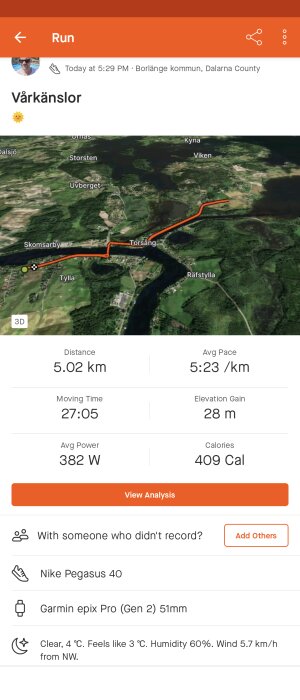 Skärmdump av löparapp med karta över 5,02 km löptur i Borlänge kommun, tid, tempo, och träningsdetaljer.
