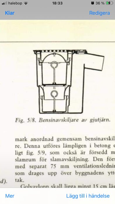 Schematisk ritning av en bensinavskiljare av gjutjärn med etiketten 'Fig. 5/8.'