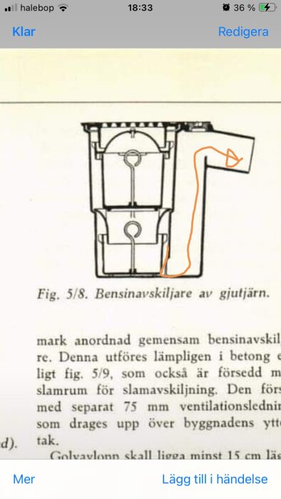 Skiss av bensinavskiljare, teknisk ritning, markeringar i orange, textbeskrivning, vit bakgrund.