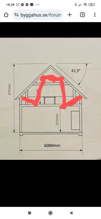 Ritning av hussektion med mått och röd markering som visar icke-bostadsyta.